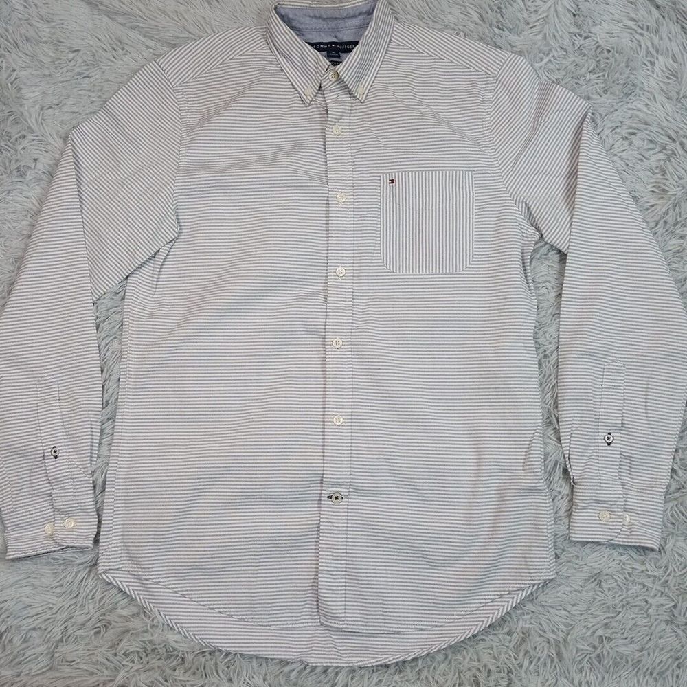 Vintage Tommy Hilfiger Shirt Mens M Blue Stripe Logo Flag Pocket‎ Preppy Casual